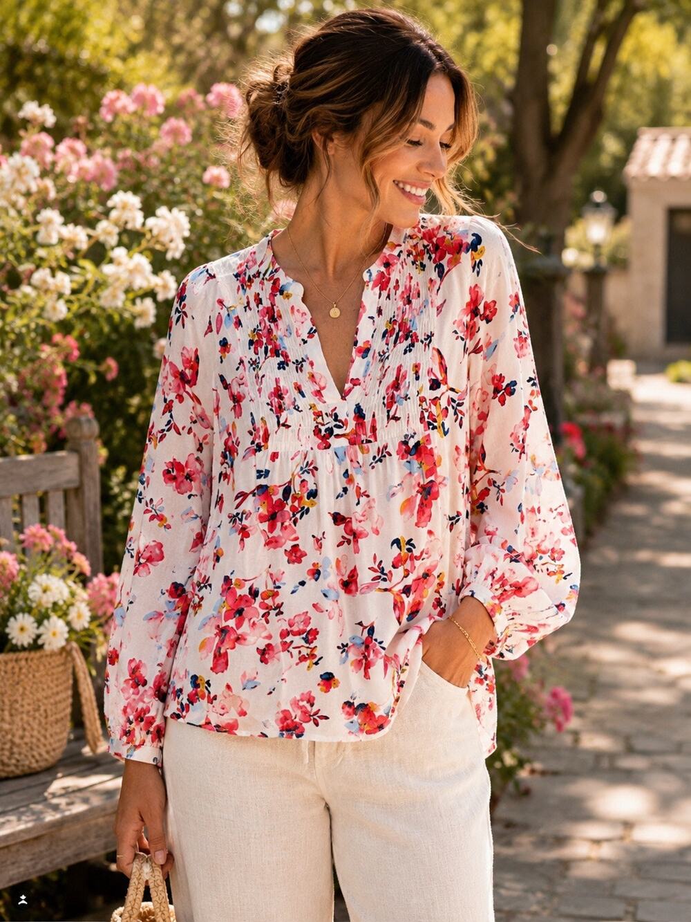 Lucky Brand Watercolor Floral Smocked Balloon Sleeve Boho Blouse Large L